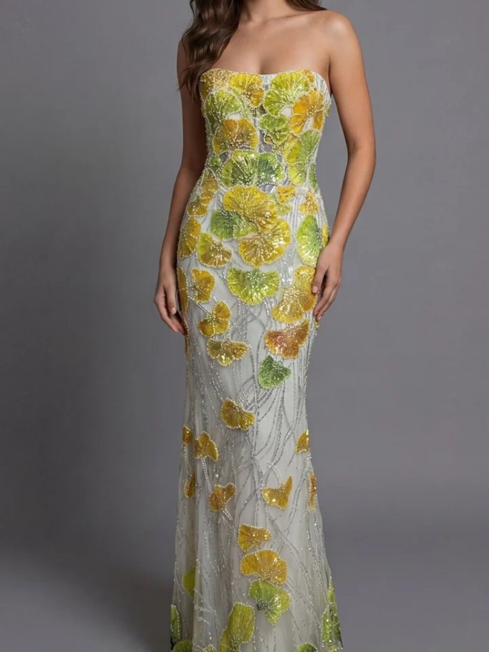 NWT Jovani 49884 Strapless Embroidered Tulle Formal Dress Yellow/Multi size 10